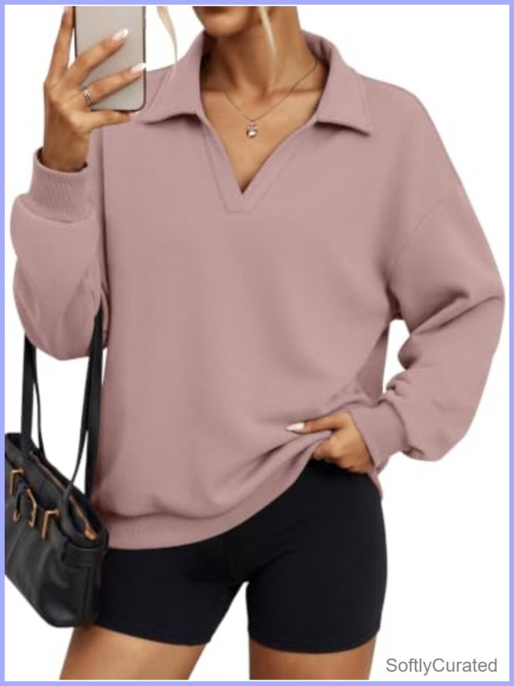 Womens Oversized Fleece Sweatshirt Polo V Neck Pullover Top Long Sleeve